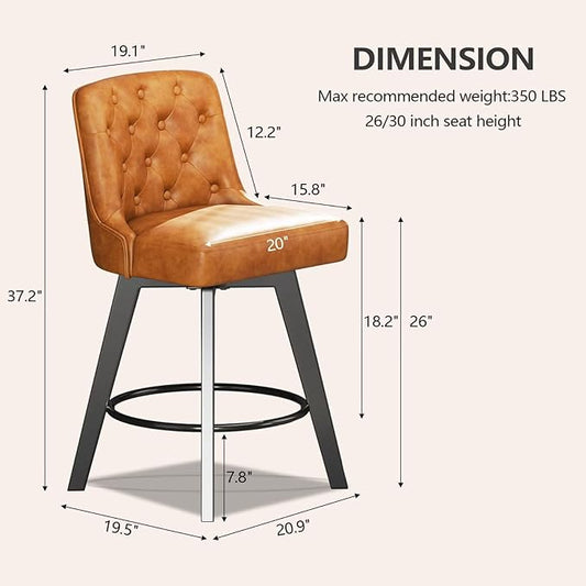 MINCETA Bar Stools Set of 3, PU Leather Barstools, 26 Inch Upholstered Counter Stools with Low Tufted Back and Footrest, Swivel Counter Height Barstools for Kitchen Island Home Bar Brown