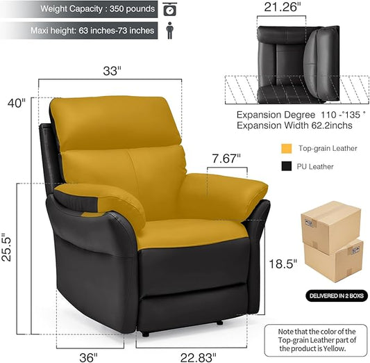 AIRSKY Genuine Leather Recliner Chair, Top Grain Leather, Italian Water-Washing Process, Recliner Chairs for Adults, Single Sofas for Living Room, Theater Seating, Bedroom. R1, Black