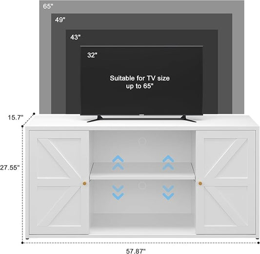 Metal TV Stand for 65 Inch TV, Farmhouse TV Entertainment Center with Storage Cabinets and Adjustable Shelves, Modern Media TV Console Table, TV Cabinet for Living Room, White