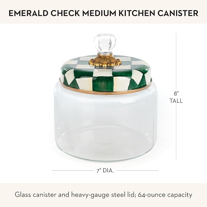 MACKENZIE-CHILDS Medium Kitchen Canister, Decorative Glass Storage Jar with Lid, Green-and-White Emerald Check