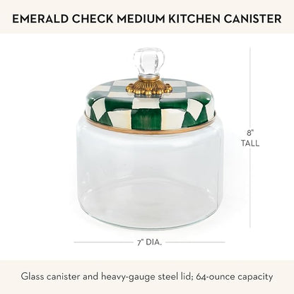 MACKENZIE-CHILDS Medium Kitchen Canister, Decorative Glass Storage Jar with Lid, Green-and-White Emerald Check