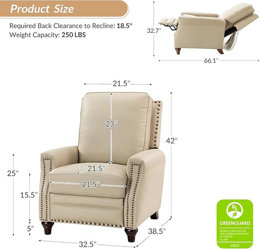 HULALA HOME Genuine Leather Recliner Chair, Classic Push Back Recliner Armchair with Thick Seat and Backrest, Comfy Adjustable Home Theater Single Recliner w/Nailhead Decor for Living Room (Beige)