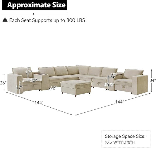 EcoHarbor Living Modular Sectional Sofa, Oversized L/U Shaped Couch with Console, USB Charger, Cup Holder, Storage, Ottoman, Convertible Couches for Living Room Bedroom Apartment, Beige
