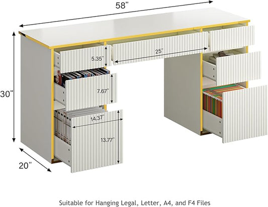 58 Inch White Desk with 7 Drawers, White and Gold Computer Desk with File Drawers for Bedroom, Home Office Desk for Study, Living Room
