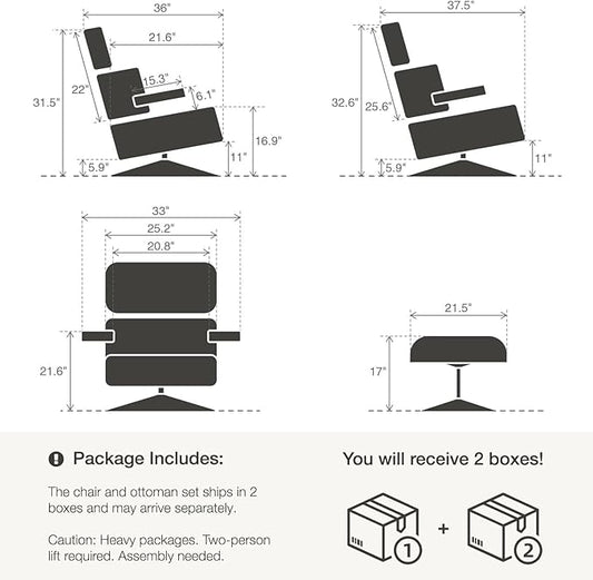 Top Black Grain Leather, Mid Century Chaise Lounge Chair and Ottoman, Leather Accent Chair, Modern Reading Chair, Classic Design, Heavy Duty Base Support for Living Room Lounge Office, Palisander
