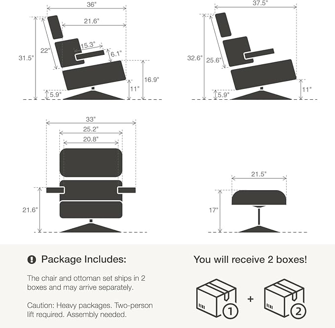 Top Black Grain Leather, Mid Century Chaise Lounge Chair and Ottoman, Modern Chair Classic Design, Heavy Duty Base Support for Living Room Study Lounge Office, Walnut