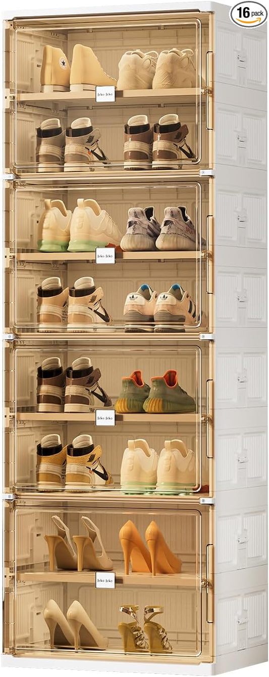 JEKO&JEKO 8 Tiers Foldable Shoe Rack Organizer Cabinet for Closet Entryway, Large Collapsible Shoe Storage Box with Magnetic Doors (White)