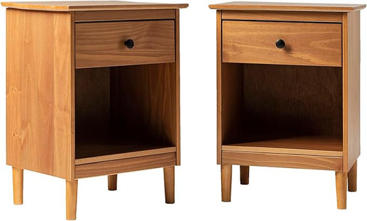 Walker Edison Russ Mid Century Modern 1-Drawer Solid Wood Nightstand Set, 2 Pack, Caramel