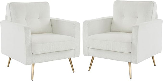 VINGLI Accent Chairs Set of 2 White Living Room Chairs Fluffy Teddy Fabric Mid Century Modern Sofa Chairs with Arms, Gold Legs for Reading, Bedroom, Waiting Room