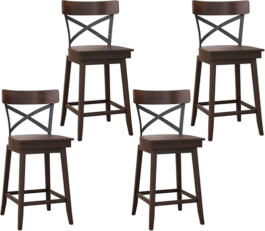 COSTWAY Swivel Bar Stool Set of 4, 24 Inch Ergonomic Counter Height Chairs with Open X Back & Footrest, 4PCS Vintage Wooden Barstools for Kitchen Island, Pub, Bistro, Café, Brown (4, 24 inch)