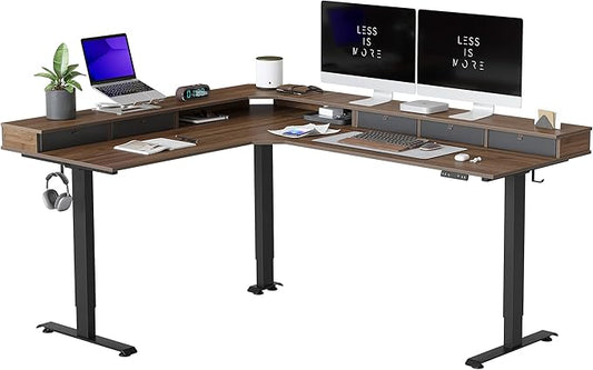 FEZIBO 75", 265lbs Load Capacity, L Shaped Standing Desk with Drawers, Reversible Electric Standing Gaming Desk Adjustable Height, Corner Stand up Desk with Splice Board, Black Frame/Black Walnut Top
