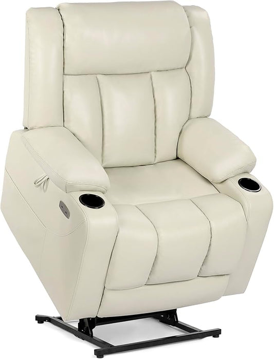 EONIX Dual Motor Oversized Power Lift Recliner Chair for Elderly, 400lbs Heavy Duty Faux Leather Recliner with Massage and Heat, Lay Flat Big and Tall Lift Chair with Cup Holders, Cream White