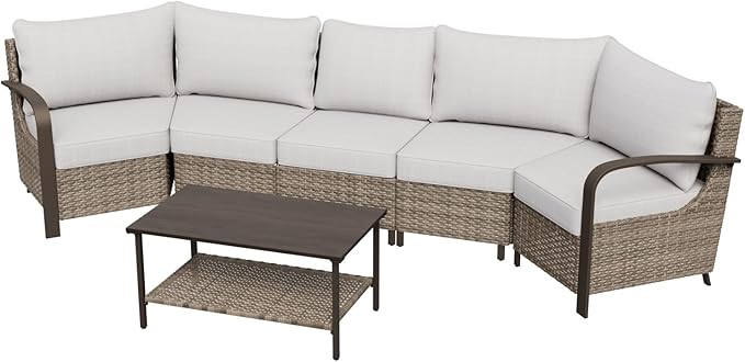 COOS BAY Aurora Terrace Half-Moon Outdoor Furniture Set, Rattan Conversation Set with Curved 5-Seat Sofa, Coffee Table, Seats 5, Beige/Beige