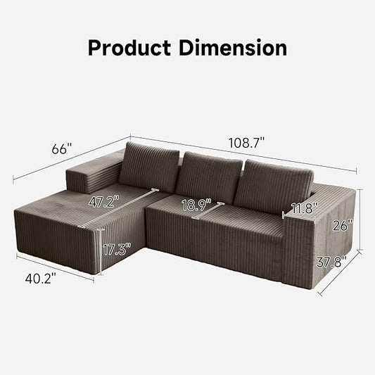 Upgrade 108’’ L Shape Cloud Couch, Plush Corduroy Sectional Sofa with Chaise, Boneless Couches for Living Room Bedroom, No Assembly Required (Khaki, Left Facing Chaise)