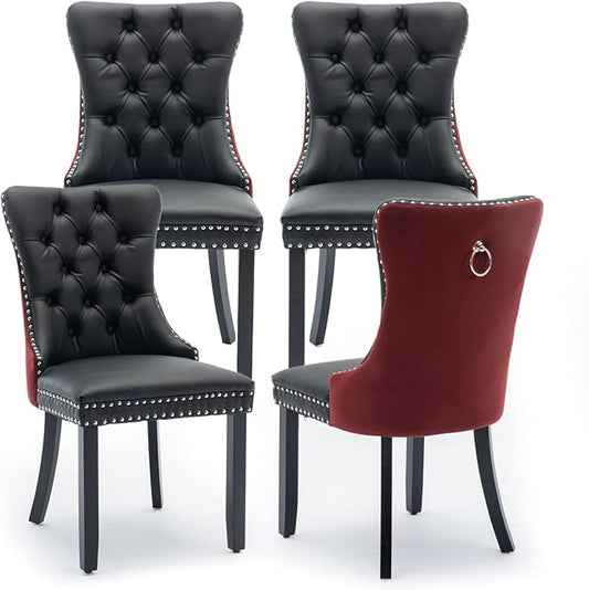 Leather Upholstered Dining Chairs Set of 4, Modern Style Kitchen Side Chairs with Nailhead Trim and Wood Leg, Metal Pulling Ring for Dining Room Living Room(Black&Wine Red)