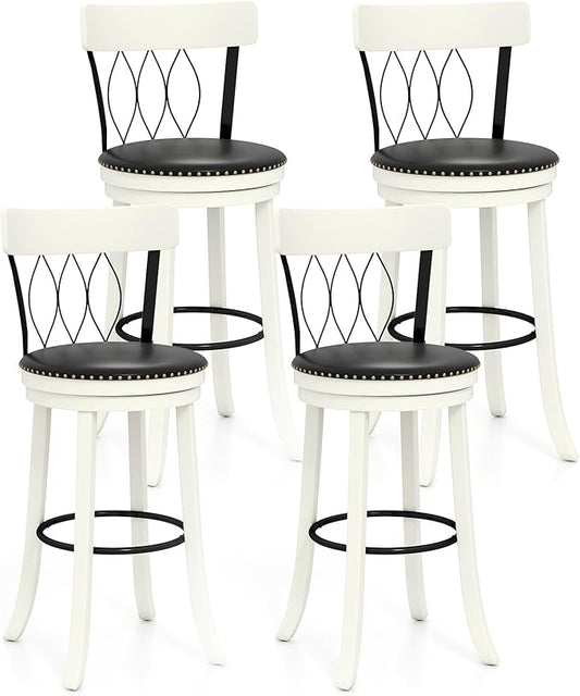 COSTWAY Bar Stools Set of 4, 30‘’ Seat Height Swivel Barstools with Ergonomic Backrest, Soft Cushion & Footrest, Rubber Wood Bar Height Bar Chairs Upholstered Dining Chairs for Kitchen Island