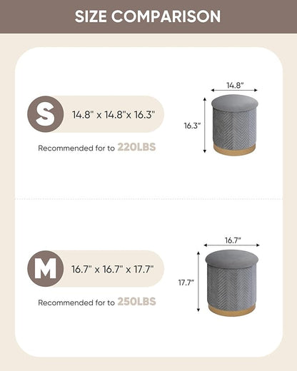 B FSOBEIIALEO Ottoman with Stroage, Round Velvet Storage Ottoman with Gold Plating Base,Foot Rest Stool for Dorm Room, Living Room Grey, 14.76"x14.76"x16.34"