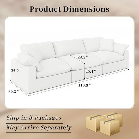 Modular Sectional Sofa Cloud Couch,Down Filled Comfy Cloud Modern Sofa,White Linen Oversized Couch Cushion Covers Removable for Living Room(3 Seater)