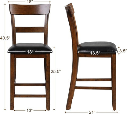 COSTWAY Counter Height Bar Stools Set of 2, 25.5 Inch Mid Century Modern Wooden High-top Chairs with Backrest, Rubber Wood Legs, Faux Leather Seat, Farmhouse Barstools for Kitchen Island, Pubs