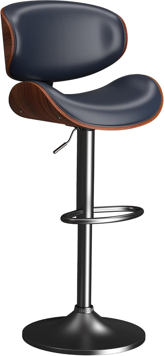 Counter Height Stools, Bar Stools for Kitchen Island with Bentwood Back and Leather Seat, Swivel Bar Stools for Kitchen Island, Deep Blue(1 PCS)