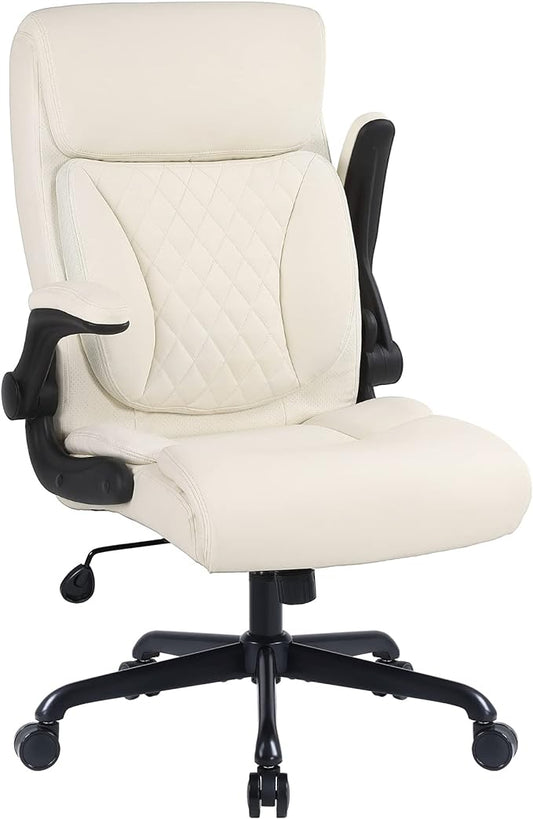 Youhauchair Executive Office Chair, Ergonomic PU Leather Computer Desk Chair with Lumbar Support, Flip-up Armrests and Adjustable Height, for Home Office, Beige