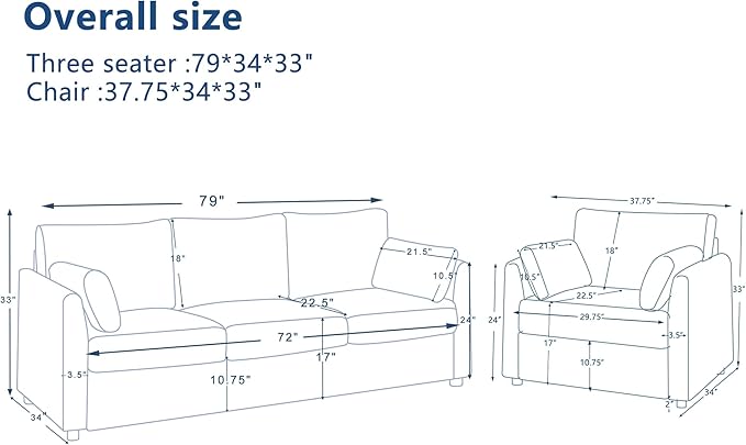 Sofa Set for Living Room Corduroy Couch Sets 3 Seater and Single Chair, Sofas for Apartment and Small Spaces (Beige, Sofa Set)