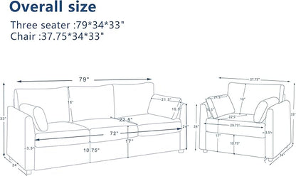 Sofa Set for Living Room Corduroy Couch Sets 3 Seater and Single Chair, Sofas for Apartment and Small Spaces .(Grey, Sofa Set)