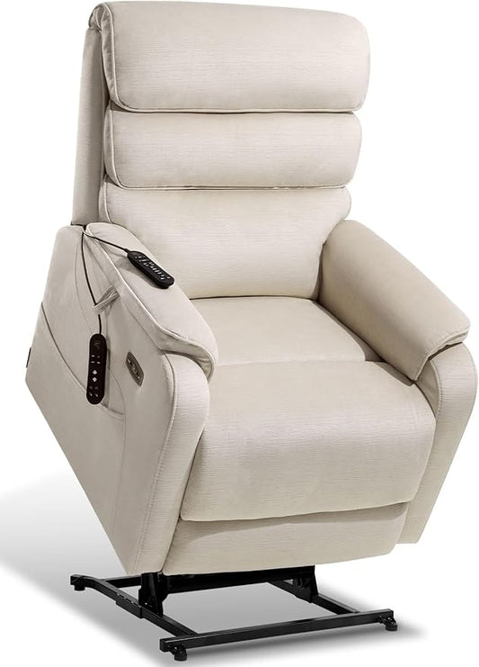 EONIX Dual Motor Lay Flat Power Lift Recliner Chair for Elderly, Chenille Fabric Electric Lift Chairs for Adults, 400lbs Heavy Duty Power Recliner with Heat Massage Charging Ports, Chenille White