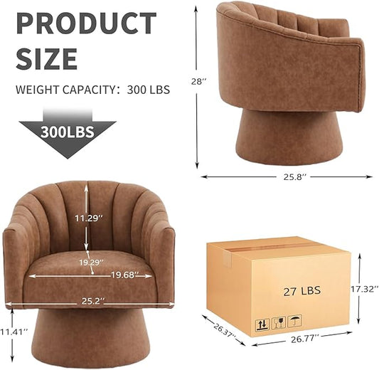 Swivel Accent Chair, Faux Leather 360° Swivel Barrel Chair Upholstered Modern Living Room Chair, Overstuffed Reading Armchair for Bedroom,Vanity,Office-Brown