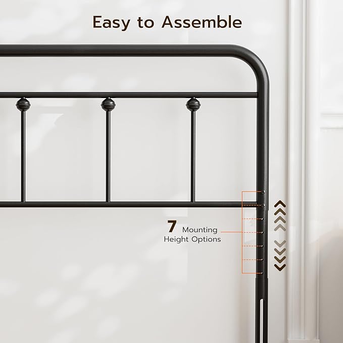 Full Size Headboard with Black Metal Construction, Adjustable Height, Spindle Detail and Elegant Curves Design, Farmhouse and Vintage Style,Steel Headboard Only for Bedroom