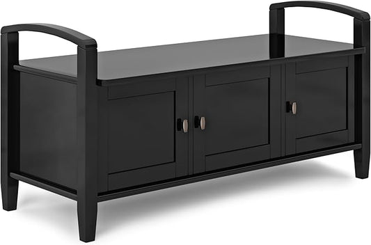 SIMPLIHOME Warm Shaker Entryway Storage Bench - 44 inch Wide Solid Wood Storage Seat in Black, Transitional Bench Seat for Mudroon or Living Room with Lift-Up Lid and Shaker-Style Panels