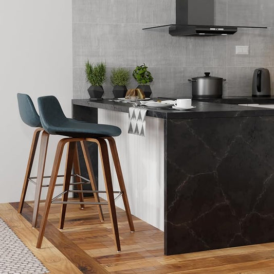 SIMPLIHOME Randolph Counter Stools (Set of 2) - 28 Inch Seat Height Upholstered Bentwood Kitchen Seats in Distressed Blue Vegan Faux Leather, Mid Century Seating with Curved Backrest and Footrest