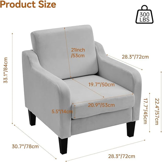 Accent Chair for Living Room, Modern Velvet Living Room Chairs with Wide Backrest, Upholstered Comfy Chair with Cushion, Oversized Sofa Chair with Wood Legs, Single Armchair, Grey