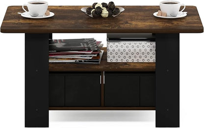 Furinno Andrey Coffee Table with Bin Drawer, Amber Pine/Black Small Non-Lift Top