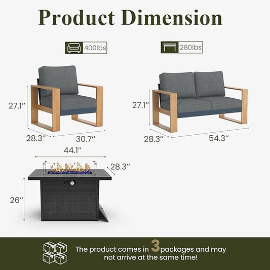 LayinSun 4 Pieces Aluminum Patio Furniture Set with Fire Pit Table, Oversized Seat with Hight Back, Outdoor Conversation Sets for Porch, Balcony, Deck