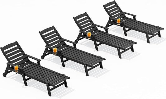 SERWALL Patio Chaise Lounge Chair Set of 4, 5 Positions Adjustable Poly Outdoor Lounger for Pool, HDPE Lounge Chair with Rolling Wheels & Cup Holder for Poolside, Deck, Obsidian Black