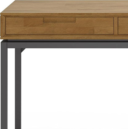 SIMPLIHOME Banting Desk - 72-Inch Wide Solid Hardwood and Metal Writing Desk in Medium Saddle Brown, Modern Industrial Home Office Computer Table for Study with 2 Drawers and Flip-Down Keyboard Tray