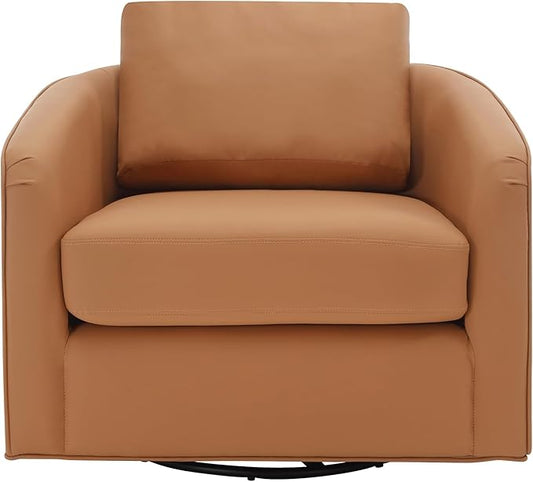 MINCETA Oversized Accent Chair for Living Room, 360° Swivel Barrel Chair with High Density Foam, Modern Reading Chair with PU Leather Upholstered Armchair for Apartment, Bedroom Brown