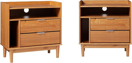 Walker Edison Blythe Mid-Century Modern Tray-Top Storage Nightstands Set of 2 Caramel