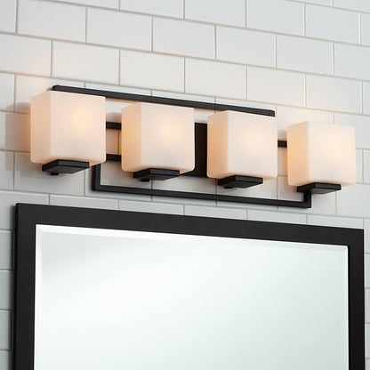 Possini Euro Design Modern Wall Light Black Hardwire 29" 4-Light Fixture Opal White Rectangular Geometric Glass Shade for Bedroom Bathroom Bedside Vanity Living Room Home Mirror Hallway Dining