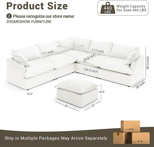 Oversized Cloud Modular Sectional Sofa, Comfy Down Filled Cloud Couch with Removable Cover, V Shaped 5 Seat Couch with Ottoman, Deep Seat Sectional Couches for Living Room, Cream White