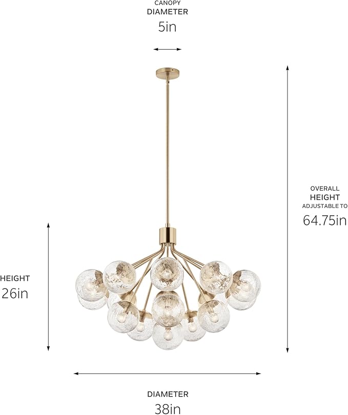 KICHLER Silvarious 16-Light Convertible Chandelier, Soft Modern Light with Clear Crackled Glass in Champagne Bronze, for Dining Room, Living Room or Foyer (26" x 38"), 52702CPZ