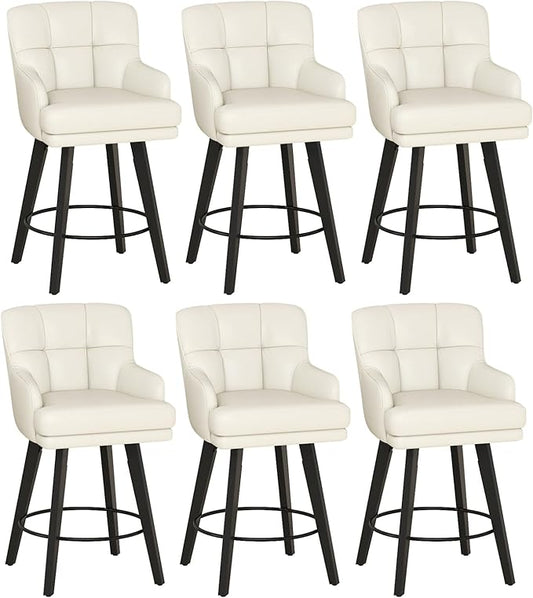 360°Swivel Counter Height Bar Stools with Back, 26 inch Solid Wood Legs, Bar Stool Modern Kitchen Island Chairs, Faux Leather (Beige- Faux Leather, 26" H- Set of 6)