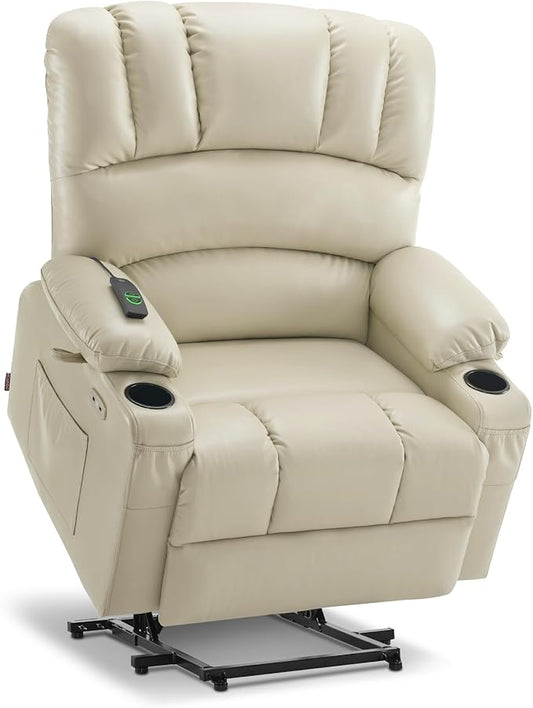 MCombo Oversized Power Lift Recliner Chair for Elderly, Lift Chair with Heat and Massage, Lift Recliner for Big and Tall, Cup Holders, USB &Type C Ports, Faux Leather R7092 (Cream White, Oversize)