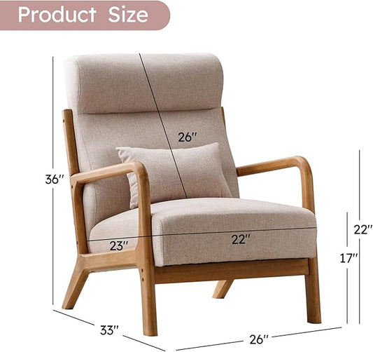 Accent Chair Mid Century Modern Chair Linen Fabric Living Room Chairs with Solid Wood Frame Comfy Upholstered and Lumbar Pillow Reading Side Chair Easy Assembly for Bedroom (2, Beige)