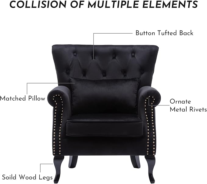 Accent Reading Arm Chairs Set of 2 for Living Room Bedroom, Midcentury Modern Comfy Corner Sofa Chair, Wingback Waiting Room Club Chair with Button Tufted Back &Lumbar Pillow, Velvet Black