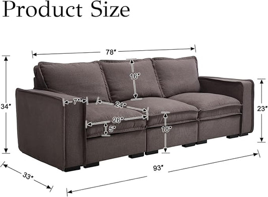 EALSON 93 Inch Modular Sectional Sofa Modern Comfy 3-Seater Couch Sofa Linen Fabric Upholstered Cloud Couches with 24" Deep Seat and Wooden Legs for Bedroom/Living Room/Office, Grey