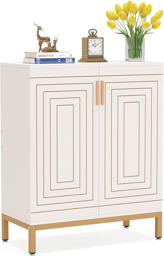 LITTLE TREE Shoe Cabinet with Doors, 20 Pairs Entryway Shoe Storage Cabinet Modern Storage Organizer for Closet, Living Room, Bedroom (White/Gold)