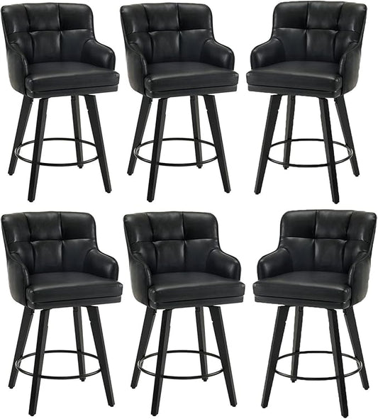 360°Swivel Counter Height Bar Stools with Back, 26 inch Solid Wood Legs, Bar Stool Modern Kitchen Island Chairs, Faux Leather (Black- Faux Leather, 26" H- Set of 6)