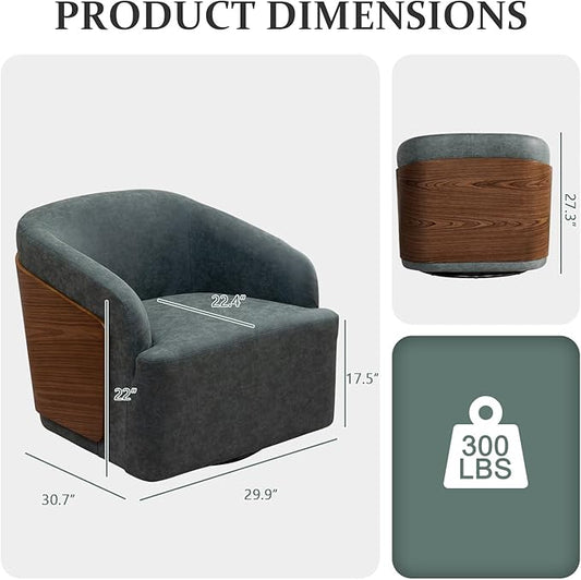 Swivel Accent Chair Faux Leather Swivel Barrel Chair Comfortable Mid Century Modern Chair Upholstered Metal Base Armchair for Living Room Bedroom Office Large Vintage Blue